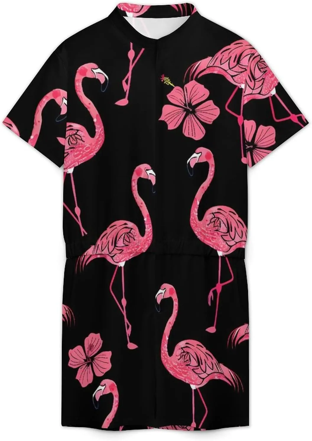 Flamingo Hibiscus Floral Mens Short Sleeve Rompers Printed Slim Fit One Piece Jumpsuit with Pocket