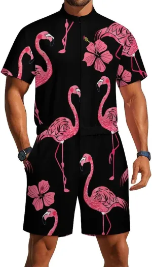 Flamingo Hibiscus Floral Mens Short Sleeve Rompers Printed Slim Fit One Piece Jumpsuit with Pocket