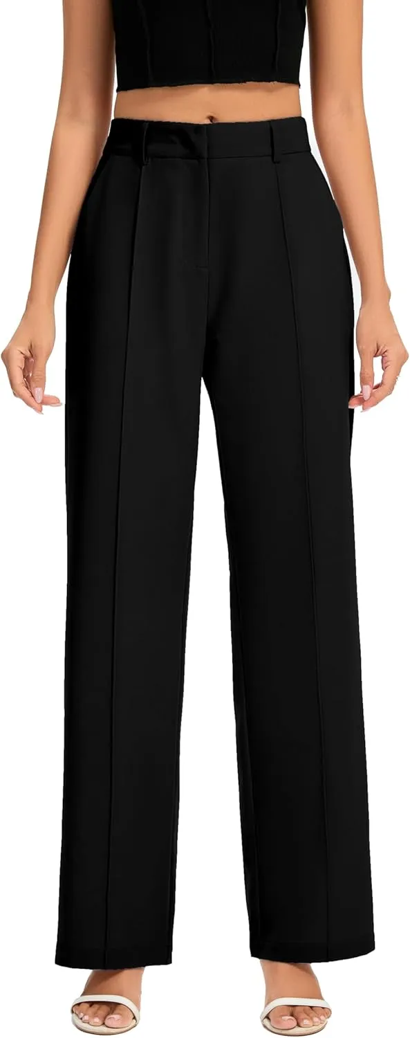 FUNYYZO Women Long Dress Pants High Waisted Work Pants Dressy Casual Straight Leg Elastic Waist Trousers