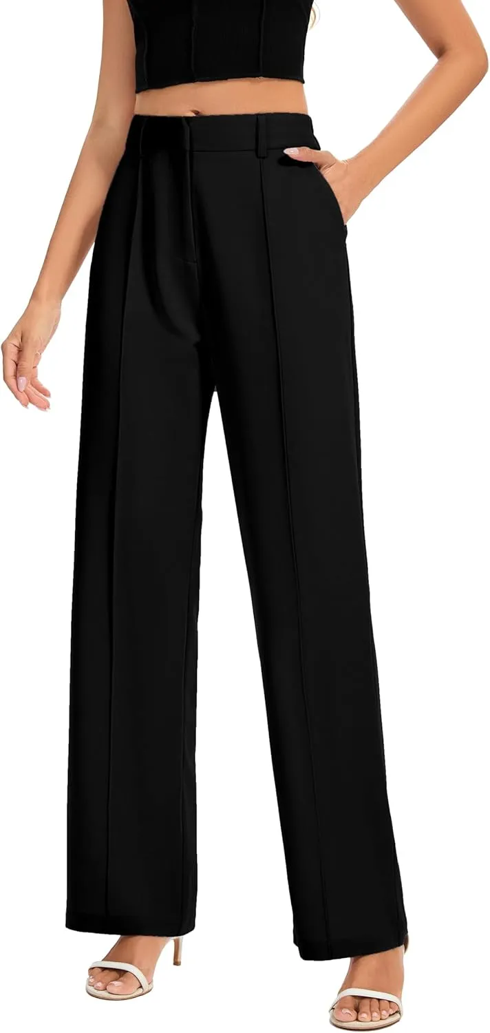 FUNYYZO Women Long Dress Pants High Waisted Work Pants Dressy Casual Straight Leg Elastic Waist Trousers