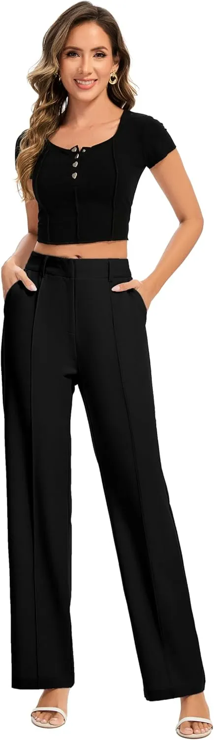 FUNYYZO Women Long Dress Pants High Waisted Work Pants Dressy Casual Straight Leg Elastic Waist Trousers