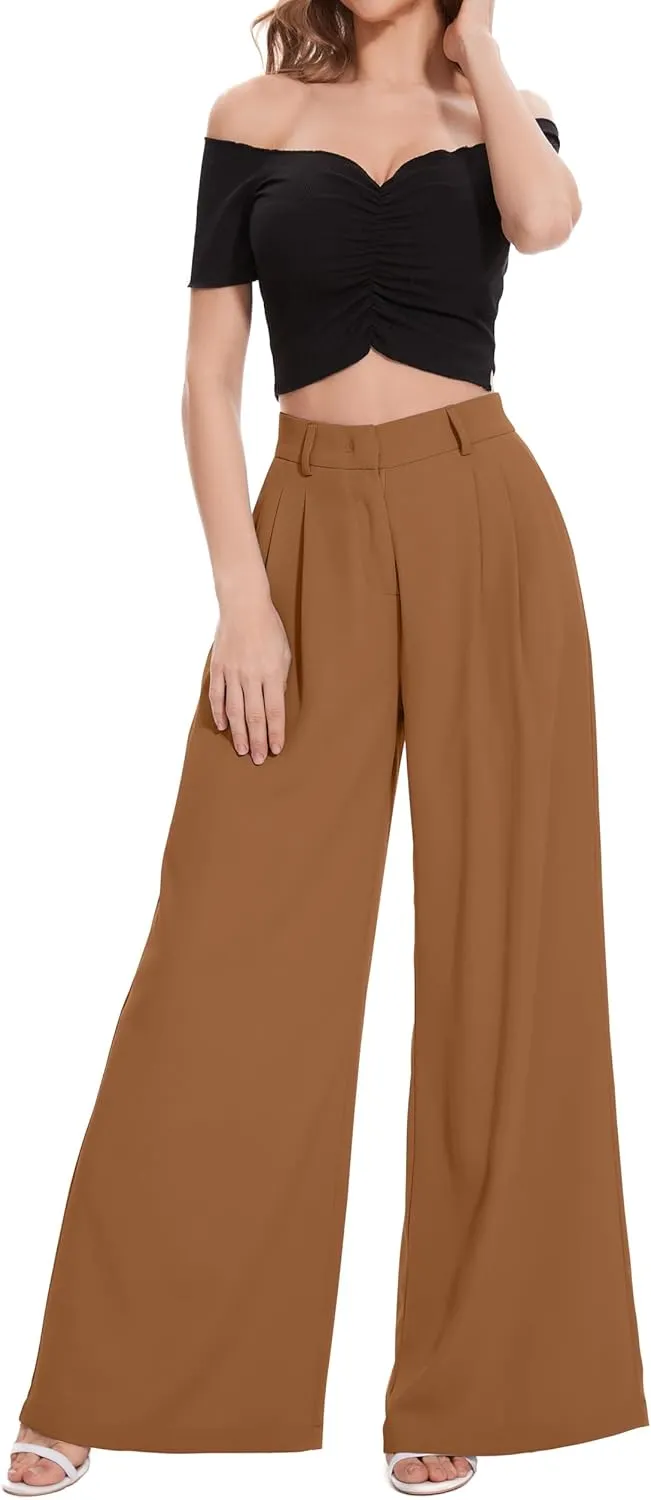 FUNYYZO Women Palazzo Pants High Elastic Waisted Business Work Long Trousers Wide Leg Loose Casual Pants
