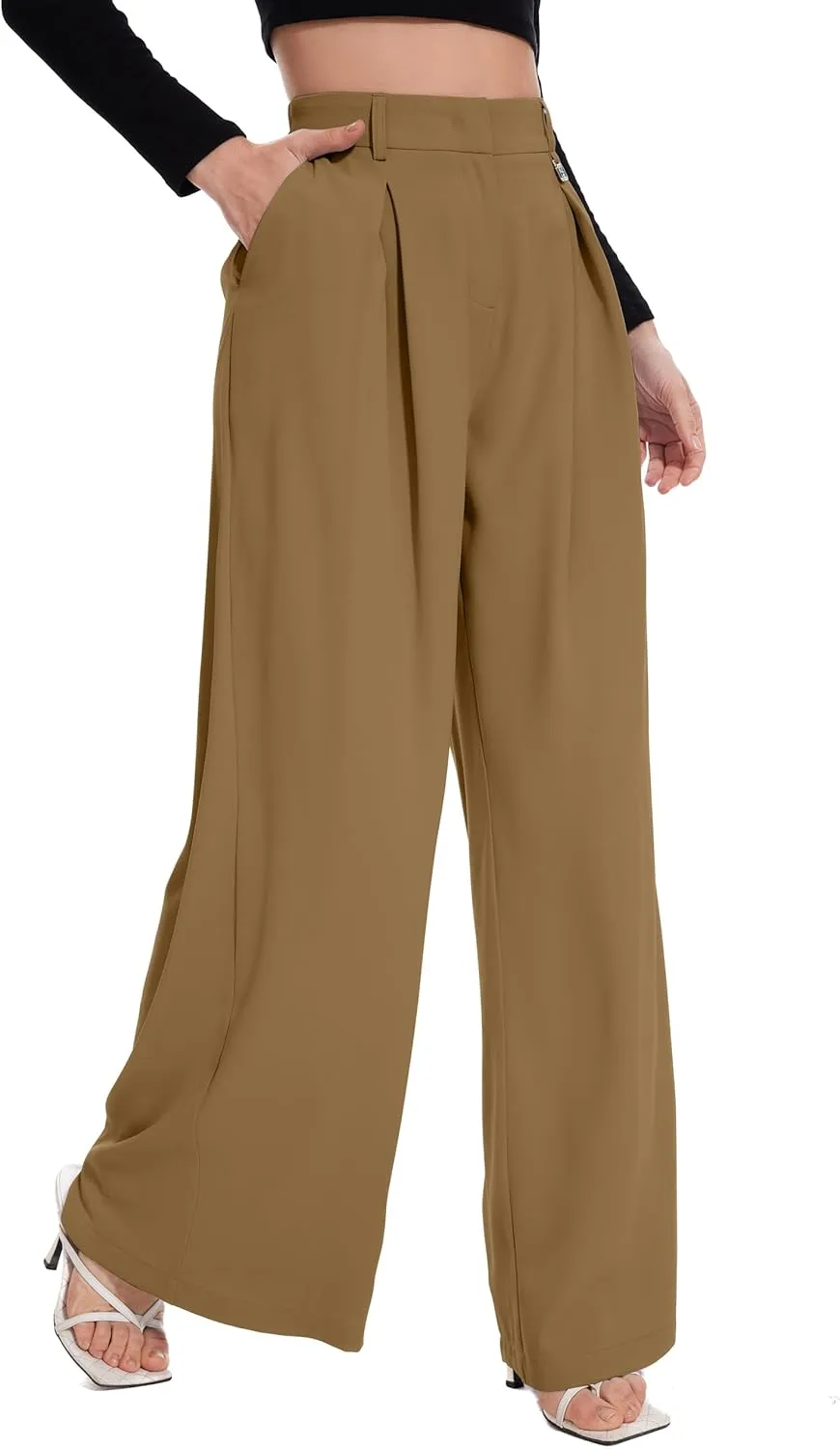 FUNYYZO Women Palazzo Pants High Elastic Waisted Business Work Long Trousers Wide Leg Loose Casual Pants