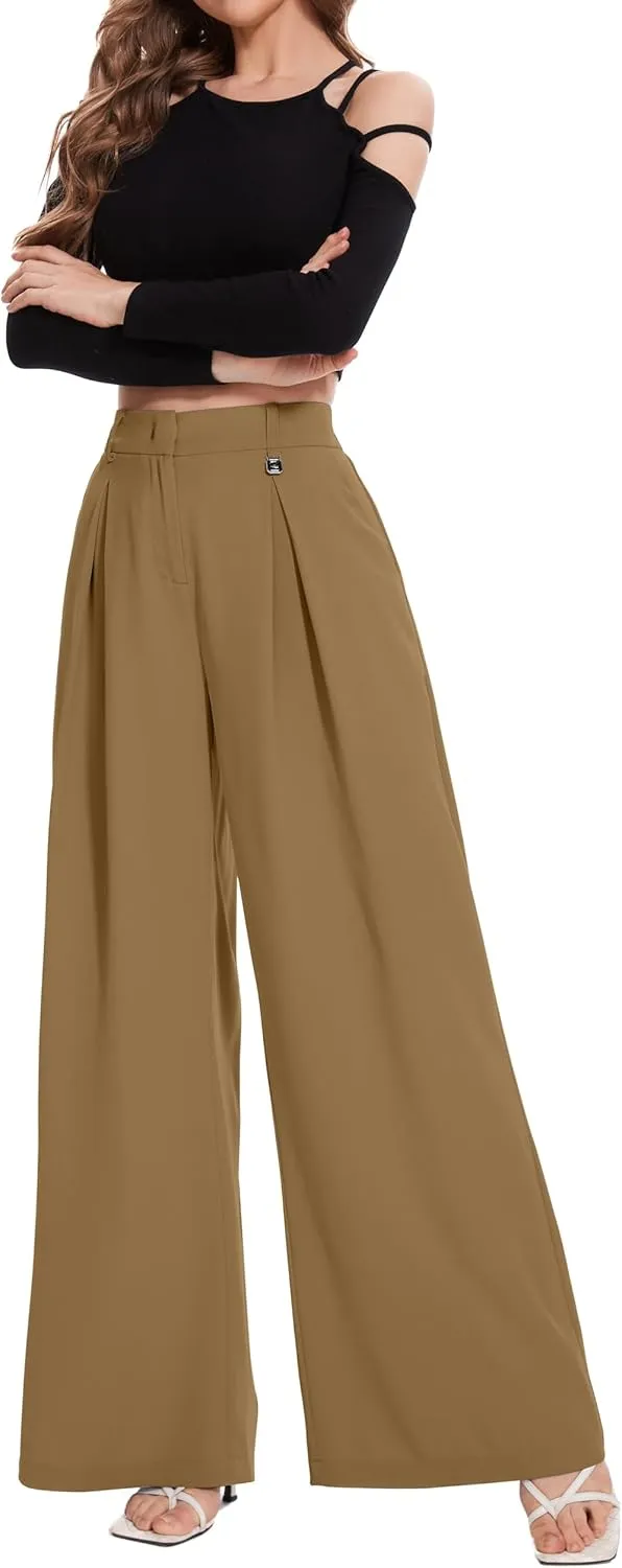 FUNYYZO Women Palazzo Pants High Elastic Waisted Business Work Long Trousers Wide Leg Loose Casual Pants