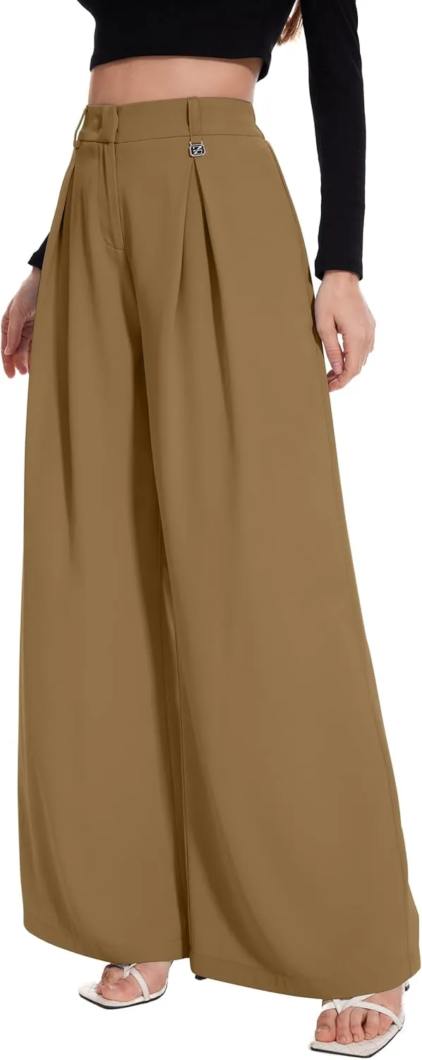 FUNYYZO Women Palazzo Pants High Elastic Waisted Business Work Long Trousers Wide Leg Loose Casual Pants