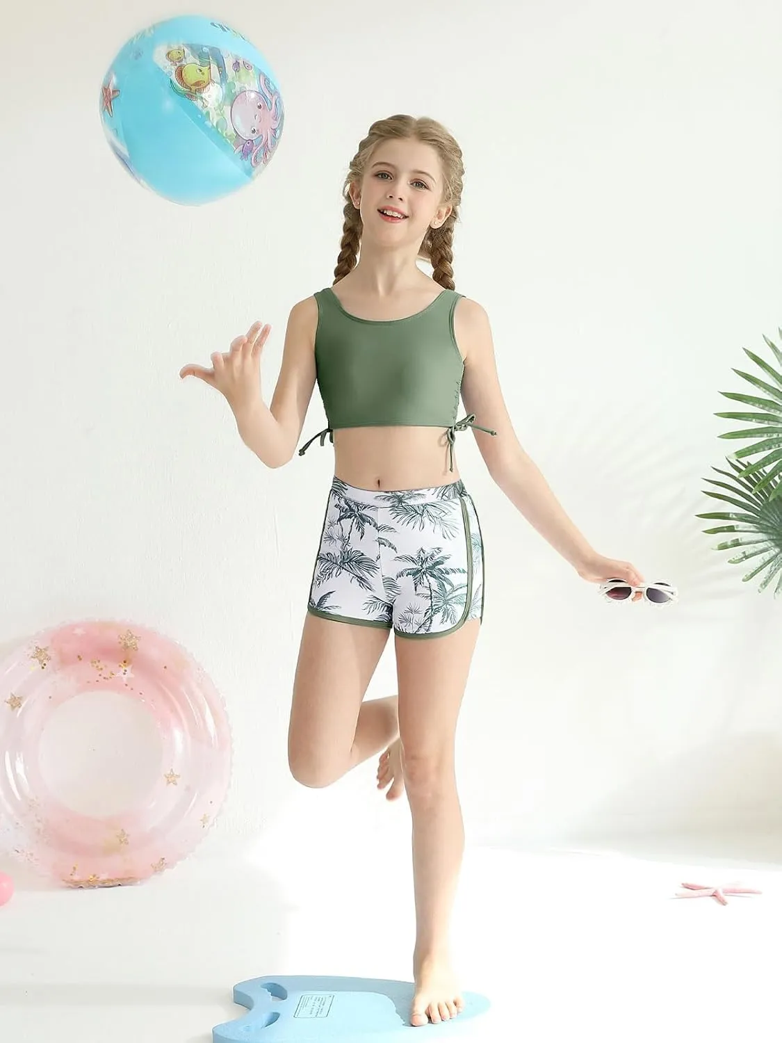 Girl's 3 Piece Bikini Bathing Suit Printed Sport Swimsuits with Shorts Cove Up Sets Teen Girl's Swimwear