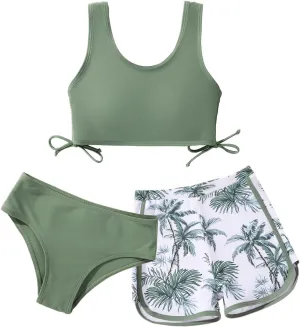 Girl's 3 Piece Bikini Bathing Suit Printed Sport Swimsuits with Shorts Cove Up Sets Teen Girl's Swimwear