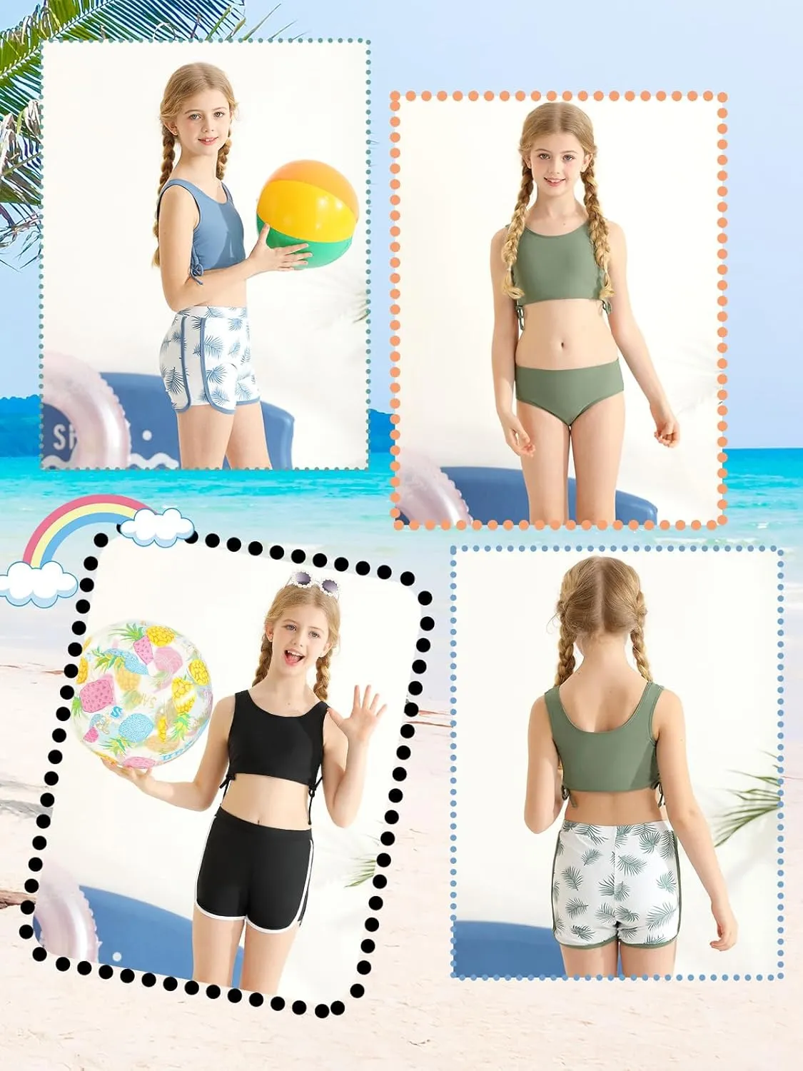 Girl's 3 Piece Bikini Bathing Suit Printed Sport Swimsuits with Shorts Cove Up Sets Teen Girl's Swimwear