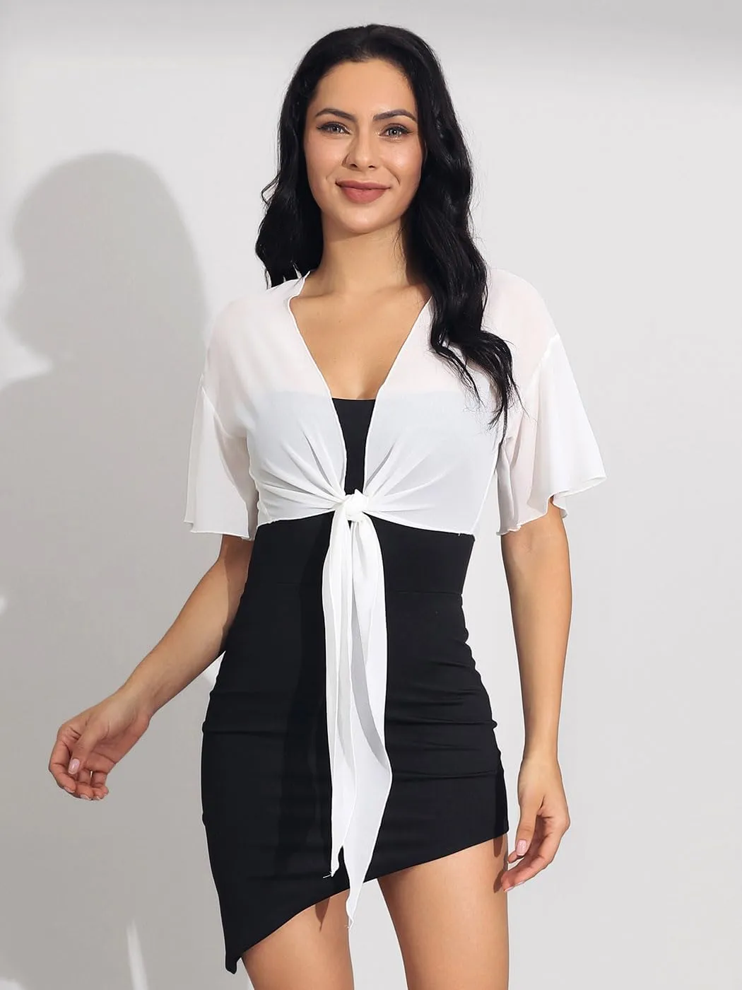 GORAIS Womens Chiffon Shrugs Short Sleeve Bolero Jacket Sheer Open Front Cardigan for Evening Dresses