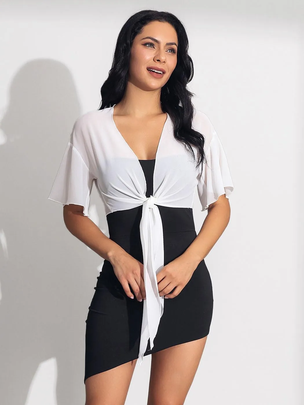 GORAIS Womens Chiffon Shrugs Short Sleeve Bolero Jacket Sheer Open Front Cardigan for Evening Dresses