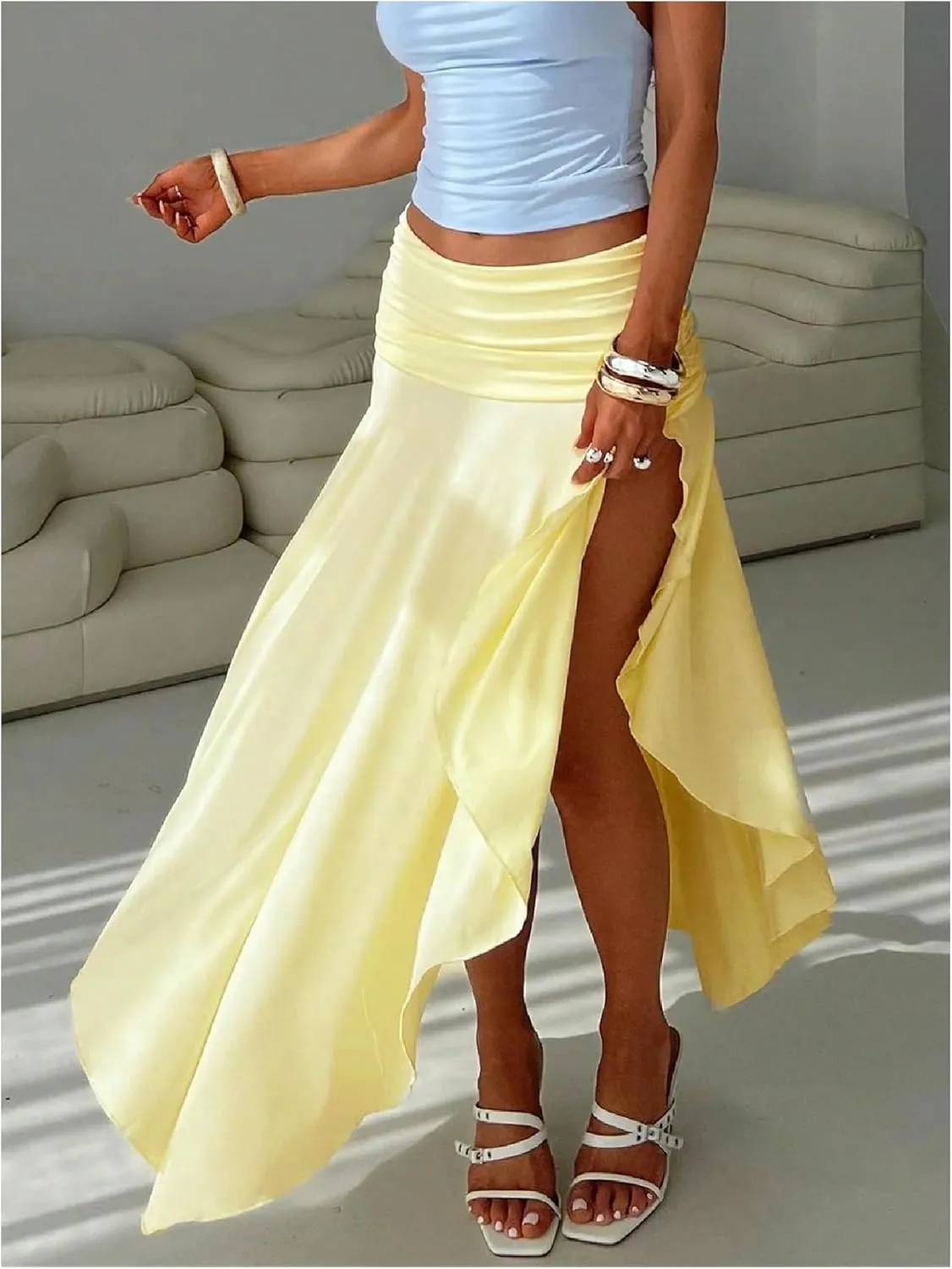 GORGLITTER Women's Ruched Flowy Asymmetrical Maxi Skirt High Slit Low Rise Boho Skirts
