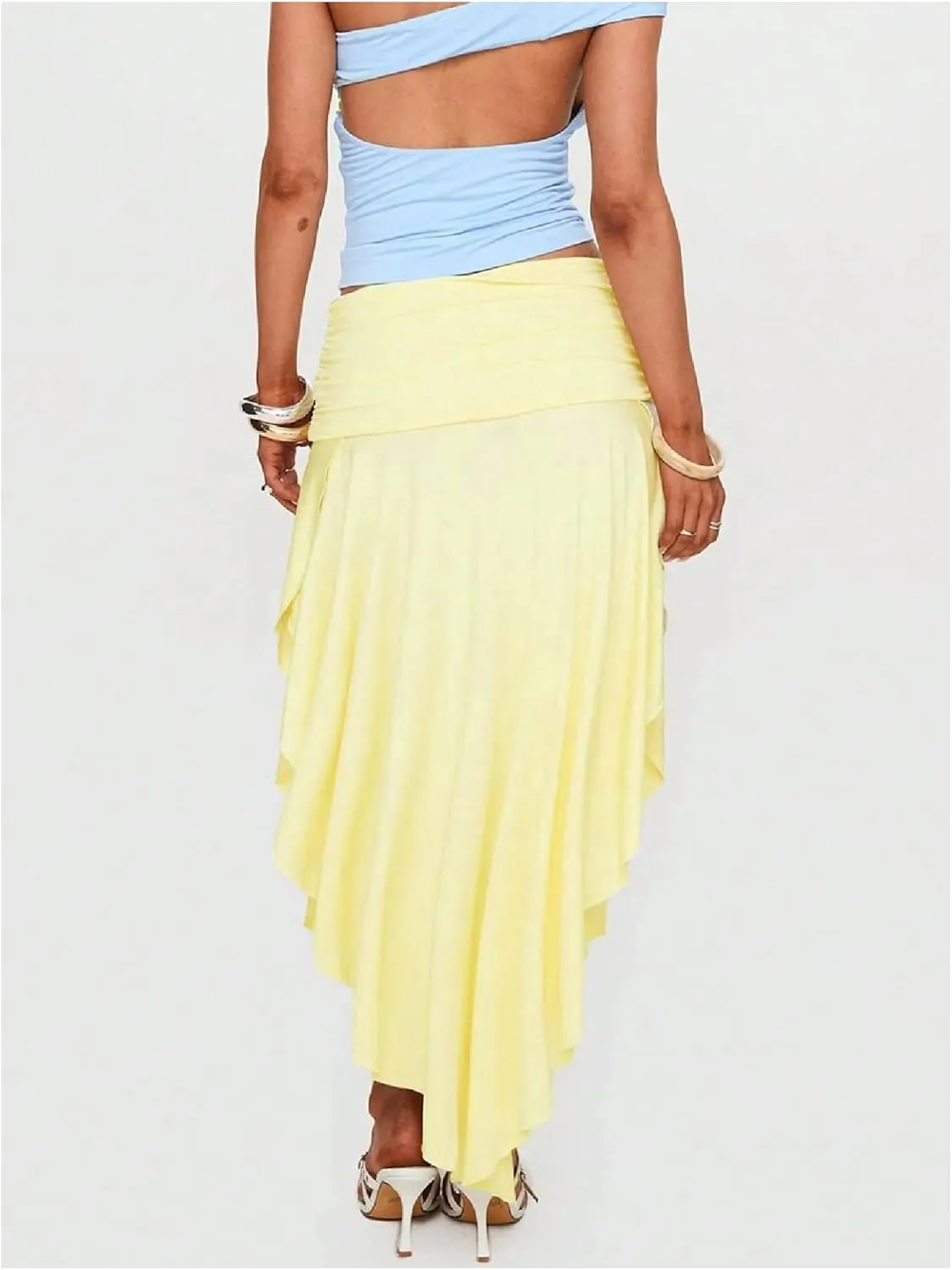 GORGLITTER Women's Ruched Flowy Asymmetrical Maxi Skirt High Slit Low Rise Boho Skirts