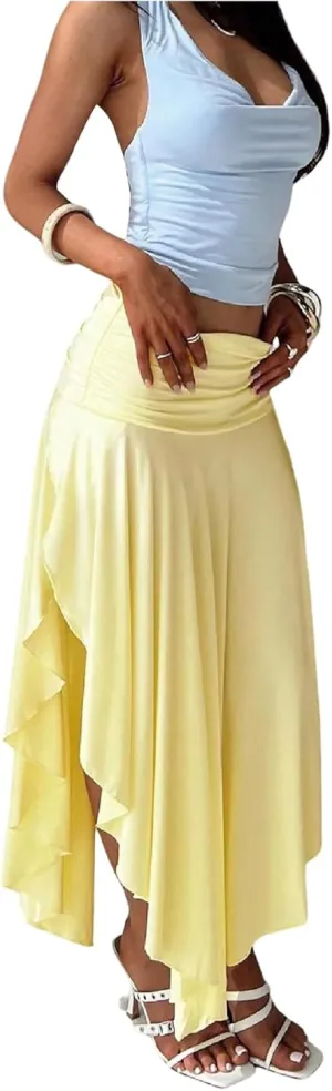 GORGLITTER Women's Ruched Flowy Asymmetrical Maxi Skirt High Slit Low Rise Boho Skirts