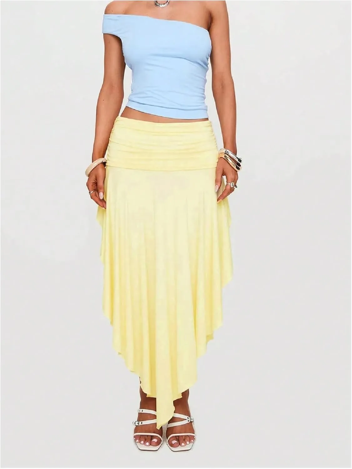 GORGLITTER Women's Ruched Flowy Asymmetrical Maxi Skirt High Slit Low Rise Boho Skirts
