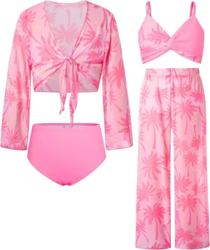 GRACE KARIN Teen Girls Bathing Suits Kids 4 Piece Long Sleeve Swimsuit Kimono Up Pants Bikini Tankini Set Swimwear