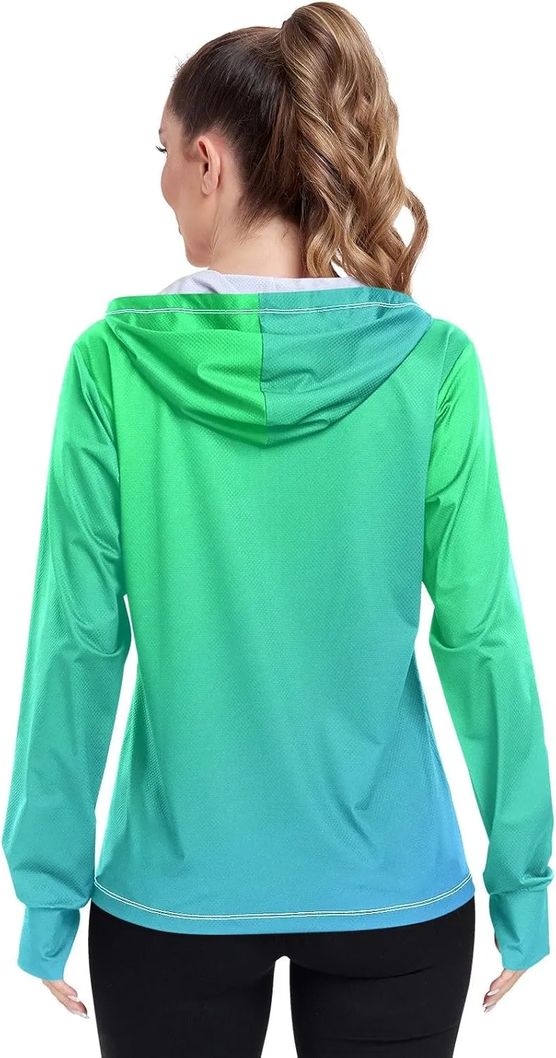 Green Blue Gradients Womens Upf Hoodie Athletic Jacket with Thumb Holes Women's Hoodie Rash Guard
