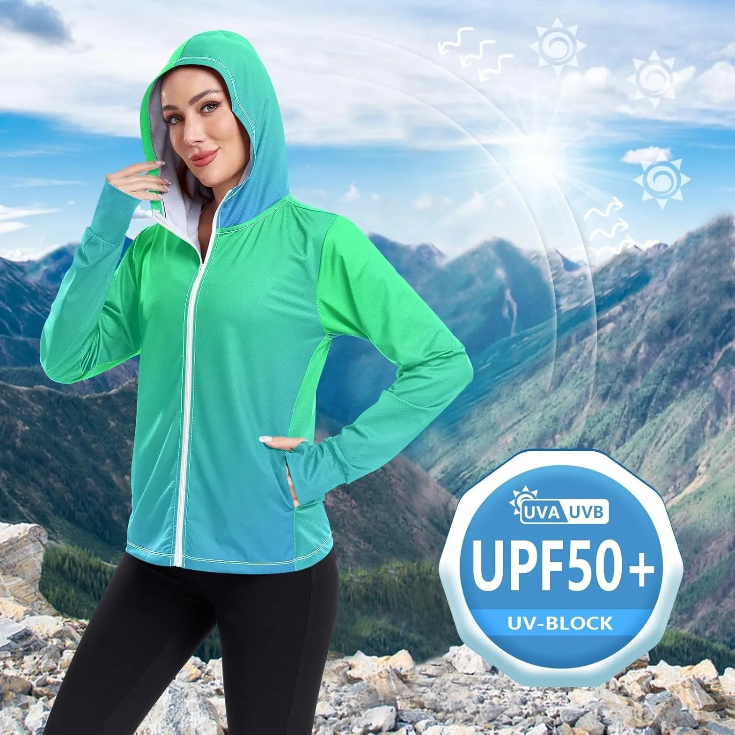 Green Blue Gradients Womens Upf Hoodie Athletic Jacket with Thumb Holes Women's Hoodie Rash Guard