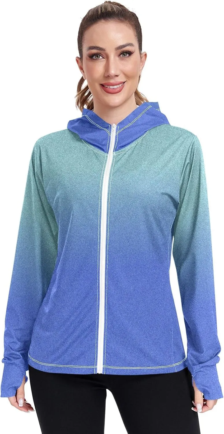 Green Blue Gradients Womens Upf Hoodie Athletic Jacket with Thumb Holes Women's Hoodie Rash Guard