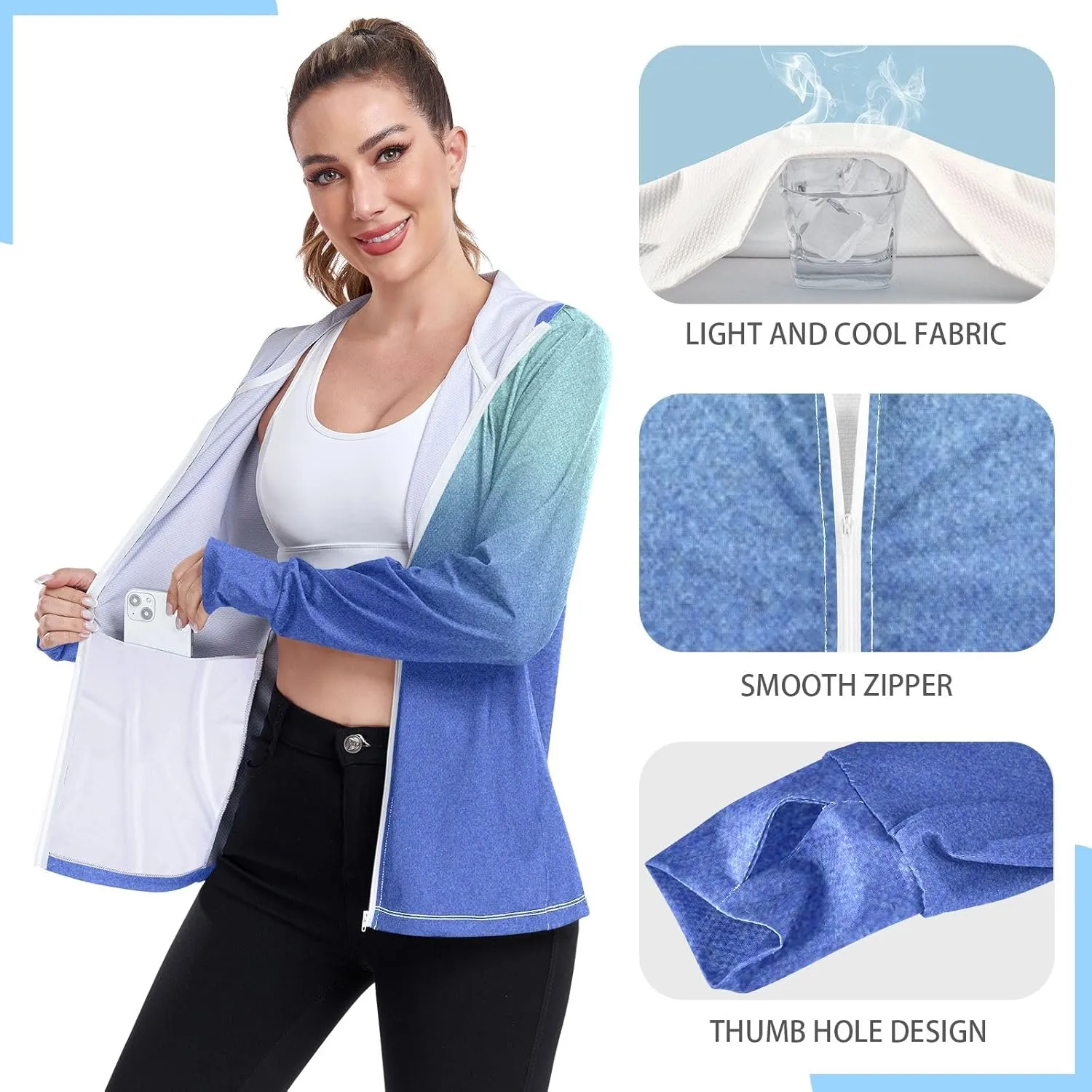 Green Blue Gradients Womens Upf Hoodie Athletic Jacket with Thumb Holes Women's Hoodie Rash Guard