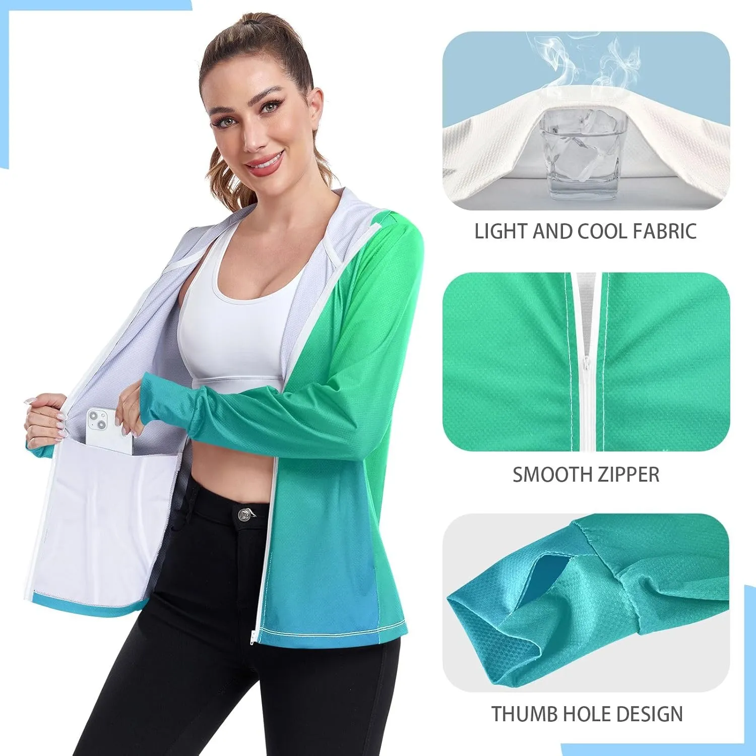 Green Blue Gradients Womens Upf Hoodie Athletic Jacket with Thumb Holes Women's Hoodie Rash Guard