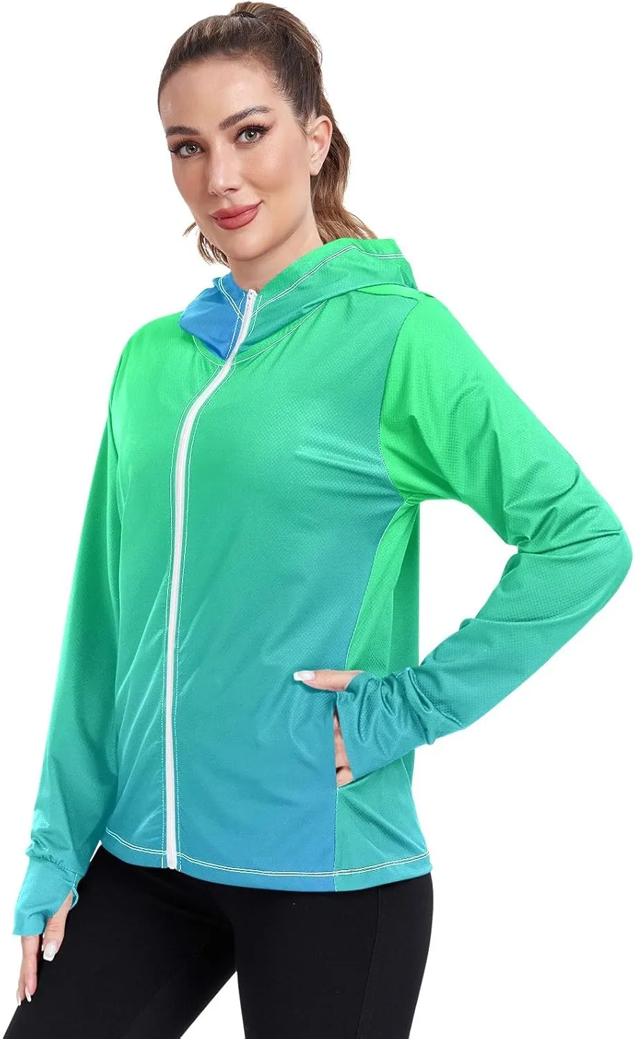 Green Blue Gradients Womens Upf Hoodie Athletic Jacket with Thumb Holes Women's Hoodie Rash Guard