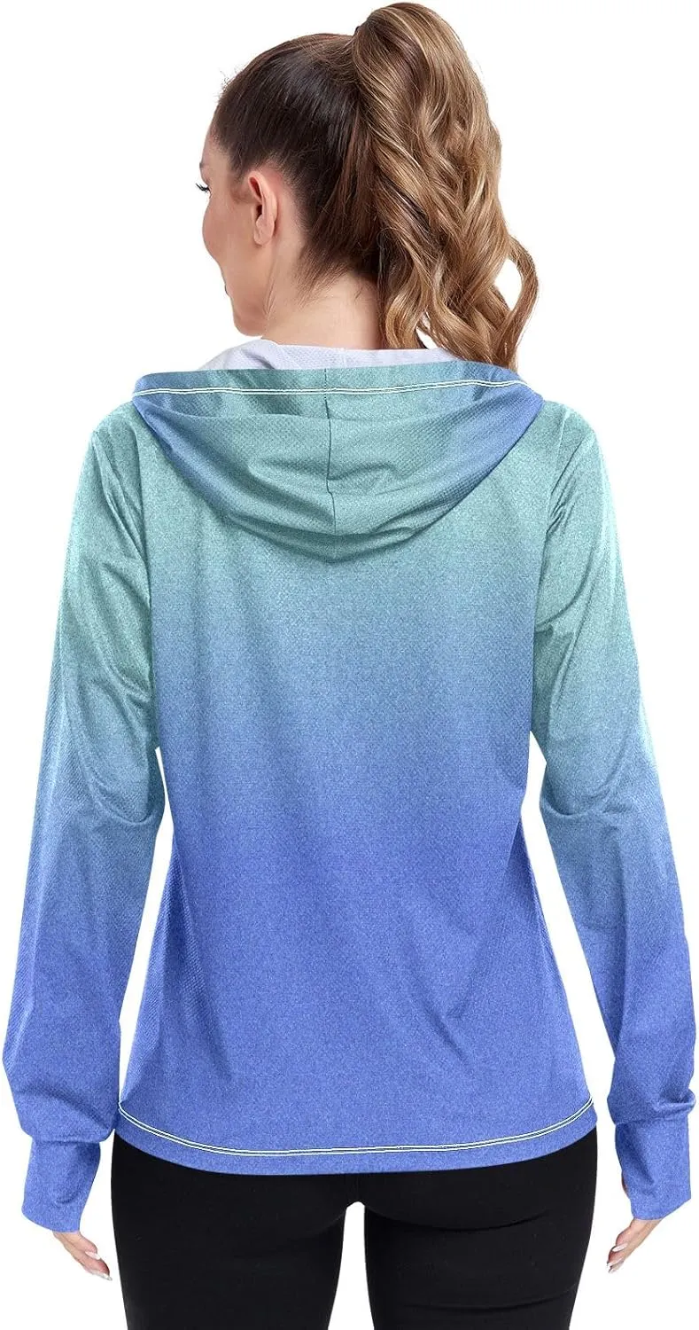 Green Blue Gradients Womens Upf Hoodie Athletic Jacket with Thumb Holes Women's Hoodie Rash Guard