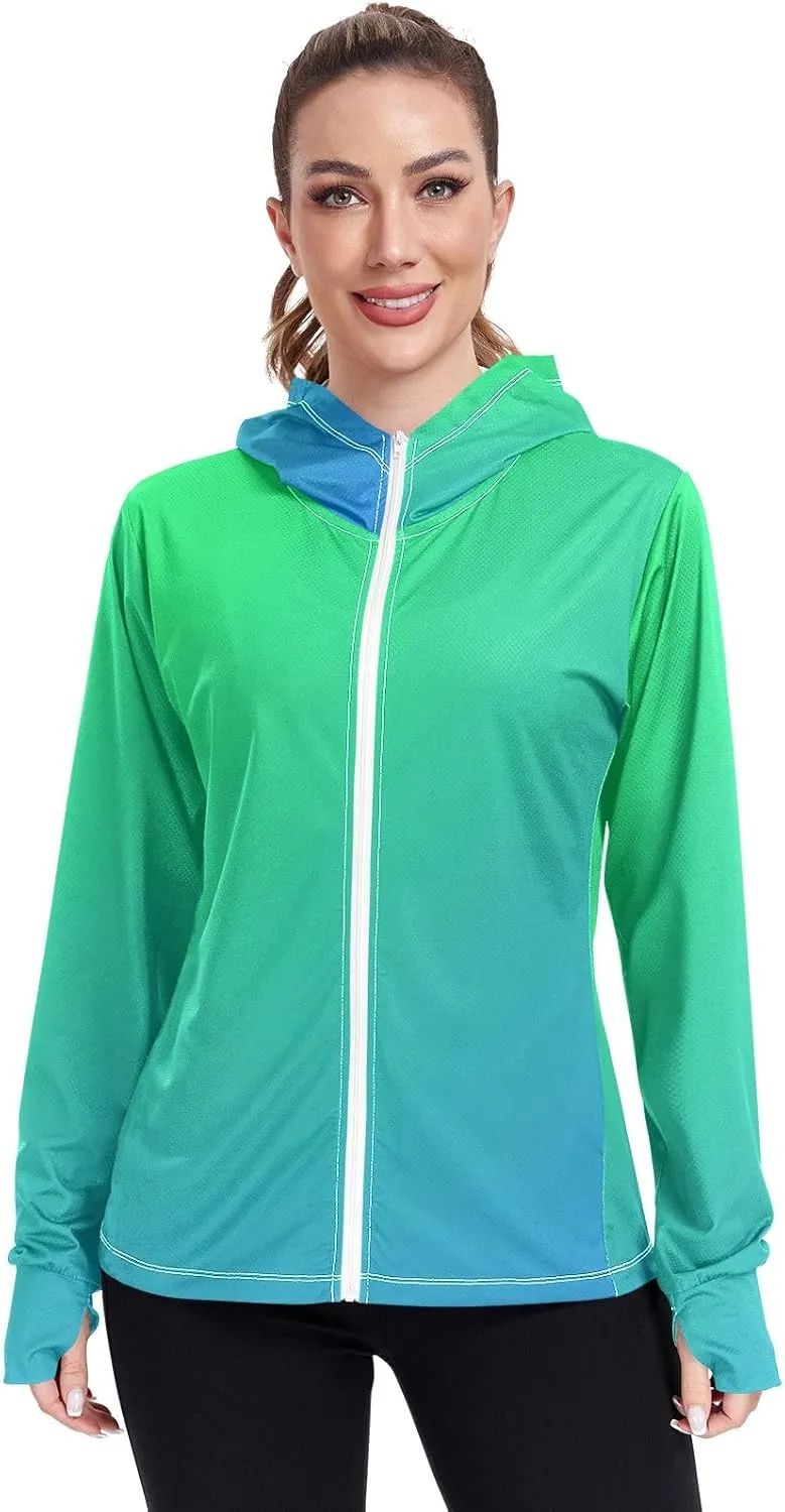 Green Blue Gradients Womens Upf Hoodie Athletic Jacket with Thumb Holes Women's Hoodie Rash Guard