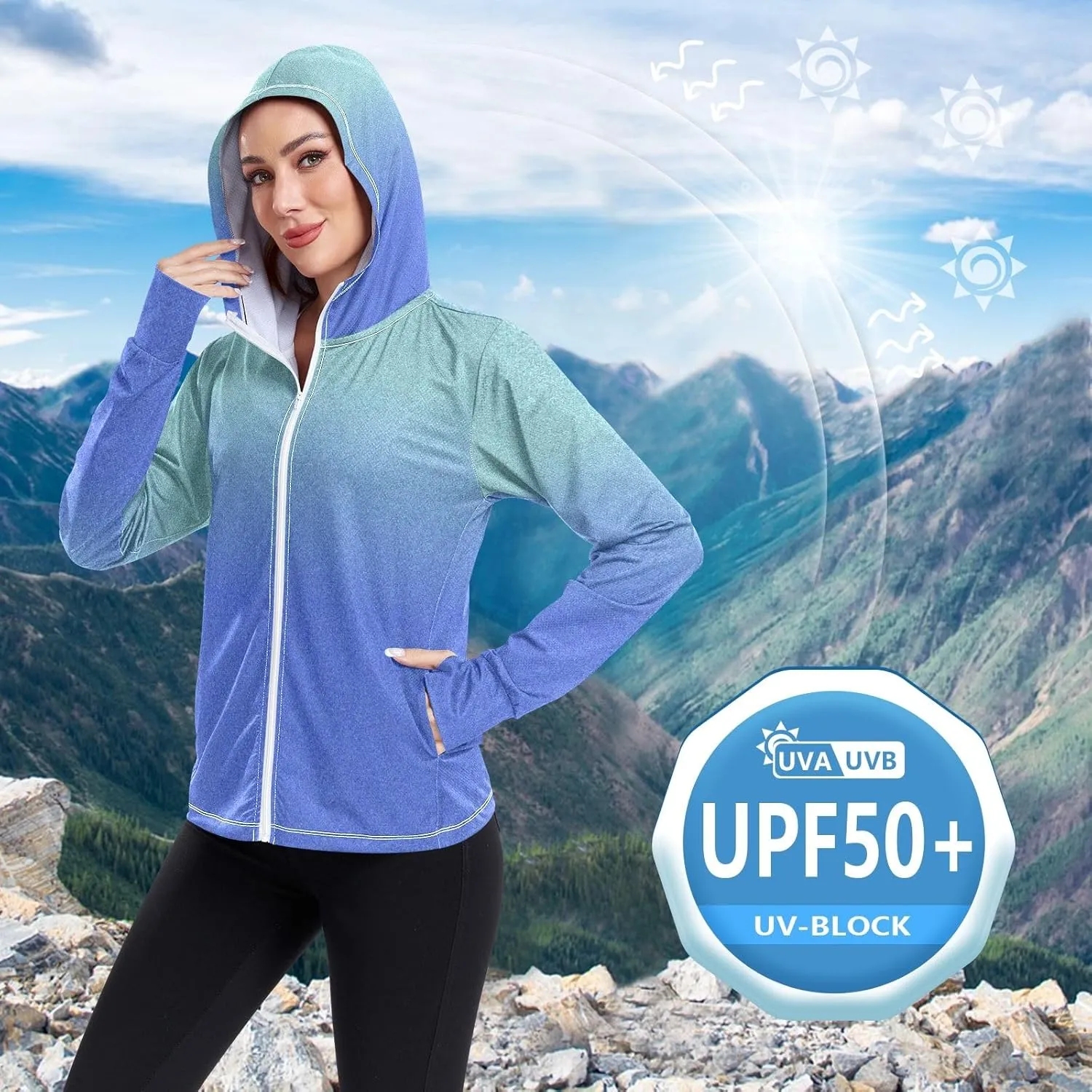 Green Blue Gradients Womens Upf Hoodie Athletic Jacket with Thumb Holes Women's Hoodie Rash Guard
