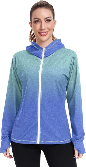 Green Blue Gradients Womens Upf Hoodie Athletic Jacket with Thumb Holes Women's Hoodie Rash Guard