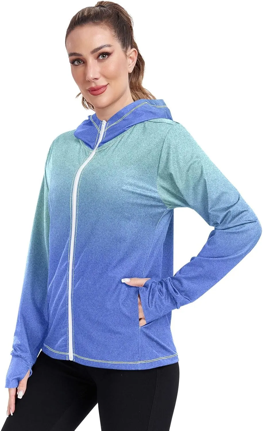 Green Blue Gradients Womens Upf Hoodie Athletic Jacket with Thumb Holes Women's Hoodie Rash Guard