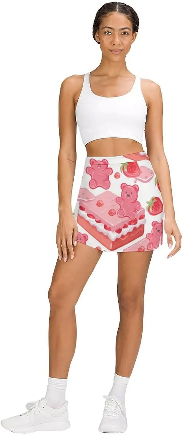 Gummy Bears And Strawberry Cake Women's Skort Athletic Skirt Golf Skorts A-line Skirts with Built-in Shorts Pockets