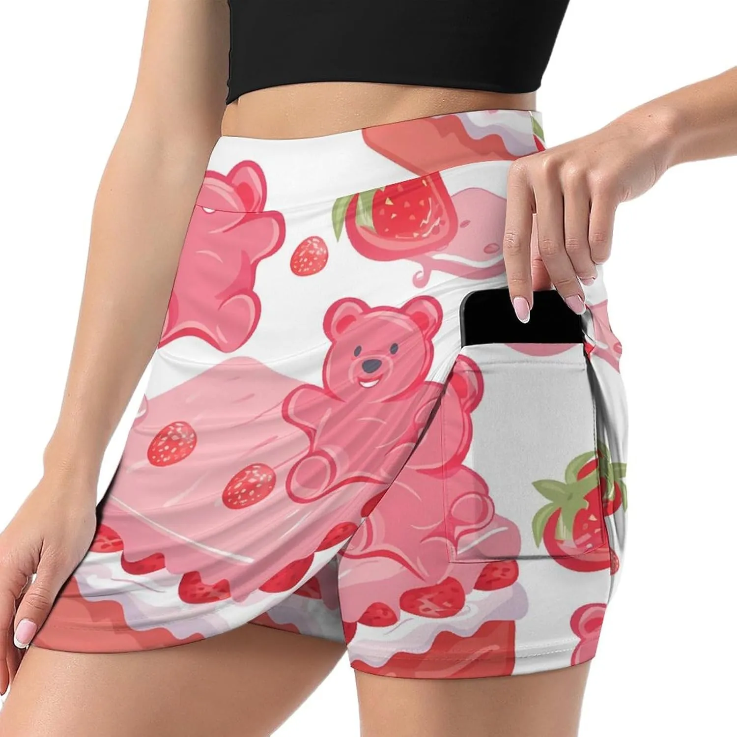 Gummy Bears And Strawberry Cake Women's Skort Athletic Skirt Golf Skorts A-line Skirts with Built-in Shorts Pockets