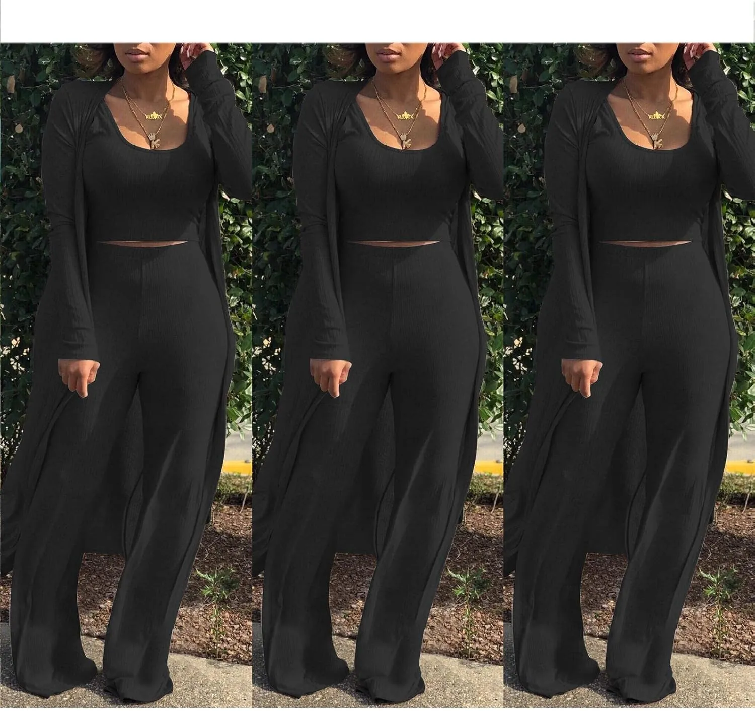 HANMAX Women's Tracksuit Winter Autumn Knitted Long-sleeved Blazer Coat Tank Long Pants Three Piece Sets Outfit