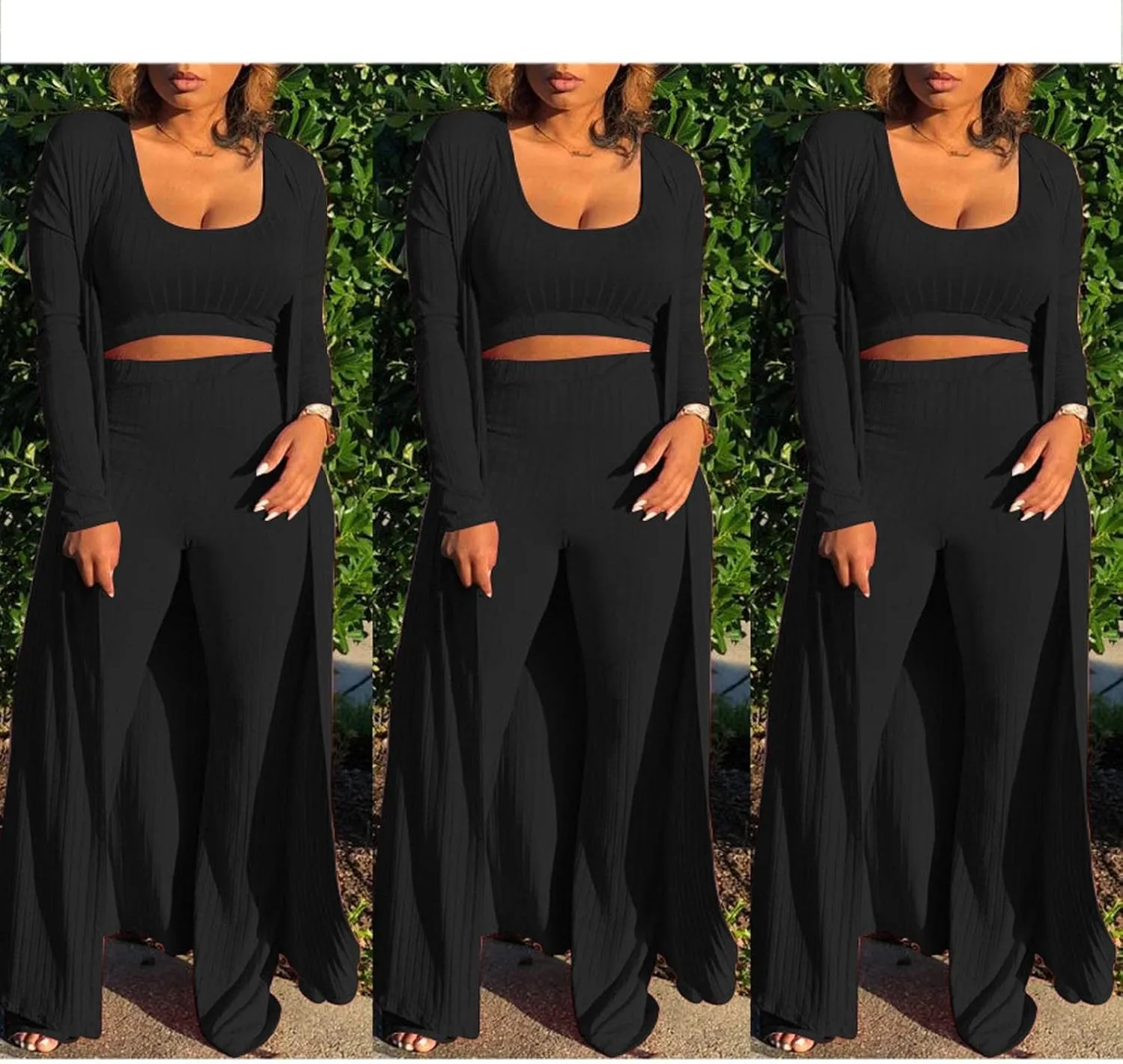 HANMAX Women's Tracksuit Winter Autumn Knitted Long-sleeved Blazer Coat Tank Long Pants Three Piece Sets Outfit