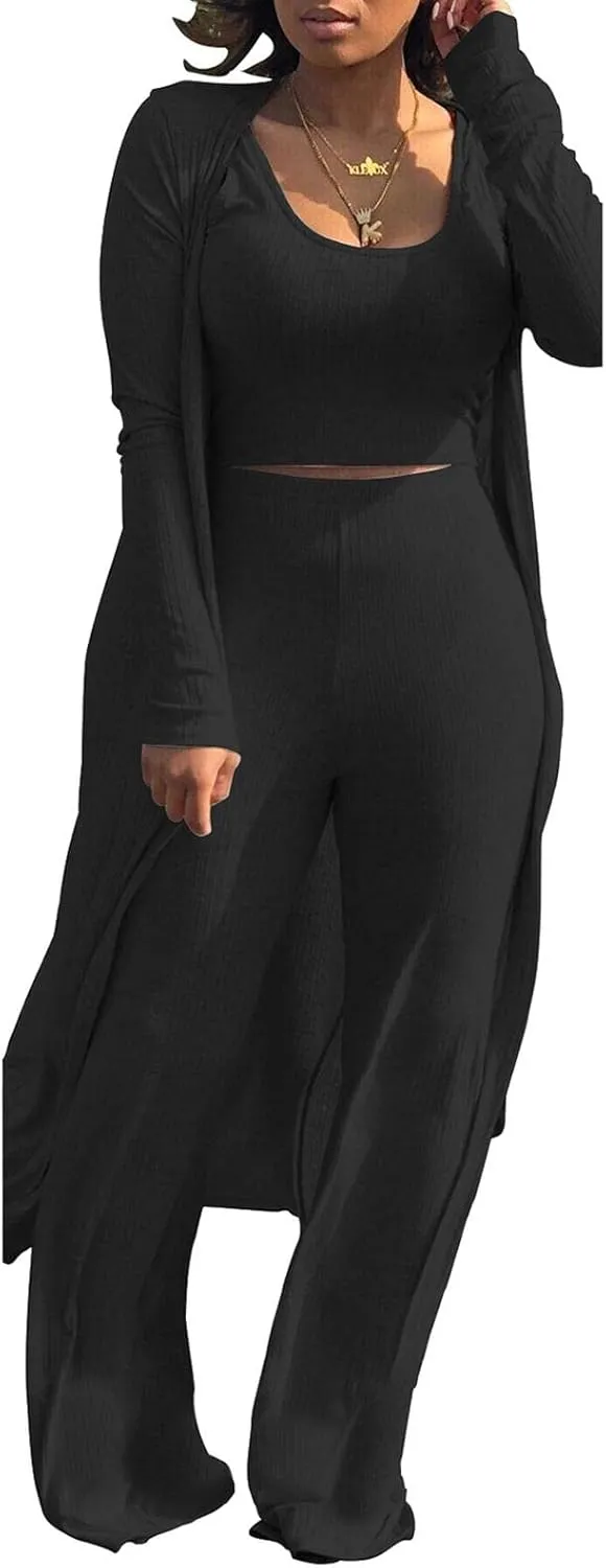 HANMAX Women's Tracksuit Winter Autumn Knitted Long-sleeved Blazer Coat Tank Long Pants Three Piece Sets Outfit