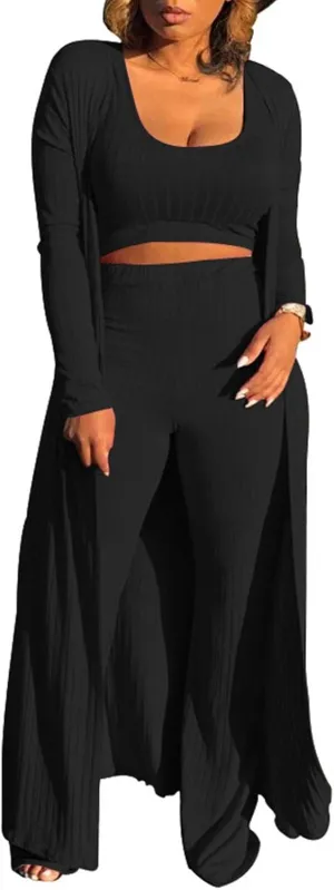 HANMAX Women's Tracksuit Winter Autumn Knitted Long-sleeved Blazer Coat Tank Long Pants Three Piece Sets Outfit