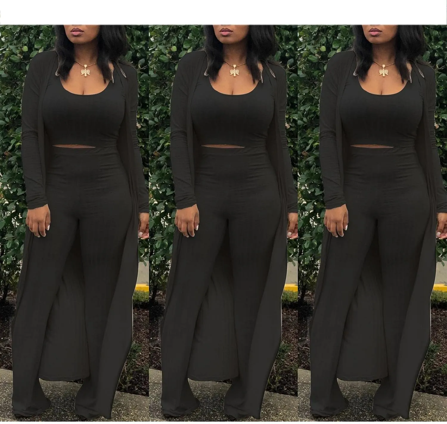 HANMAX Women's Tracksuit Winter Autumn Knitted Long-sleeved Blazer Coat Tank Long Pants Three Piece Sets Outfit