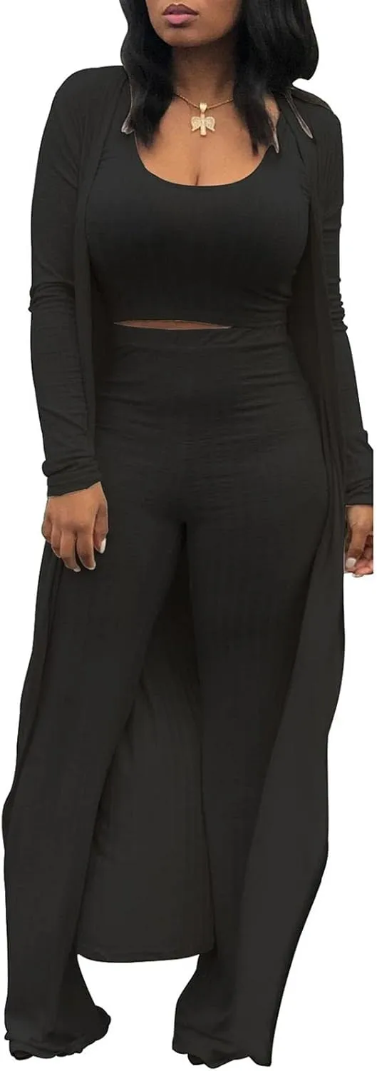 HANMAX Women's Tracksuit Winter Autumn Knitted Long-sleeved Blazer Coat Tank Long Pants Three Piece Sets Outfit