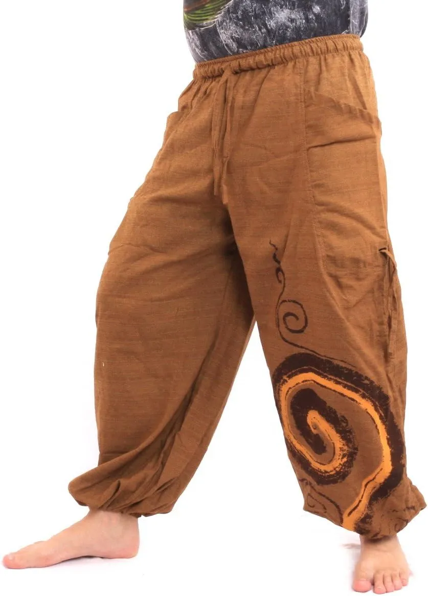 Harem Pants for Men & Women, Cotton Baggy Trousers, Adjustable Length, Drawstring Waist, 2 Pockets, One Size