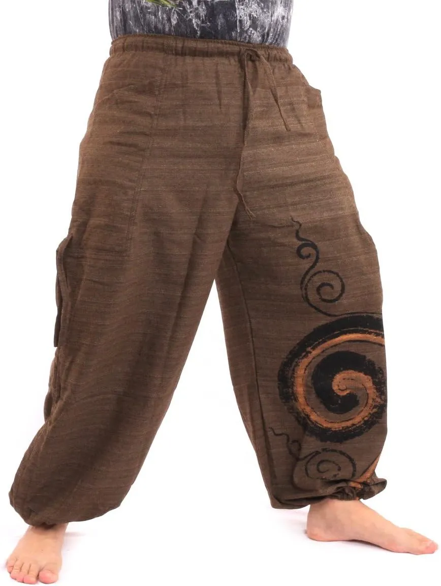 Harem Pants for Men & Women, Cotton Baggy Trousers, Adjustable Length, Drawstring Waist, 2 Pockets, One Size
