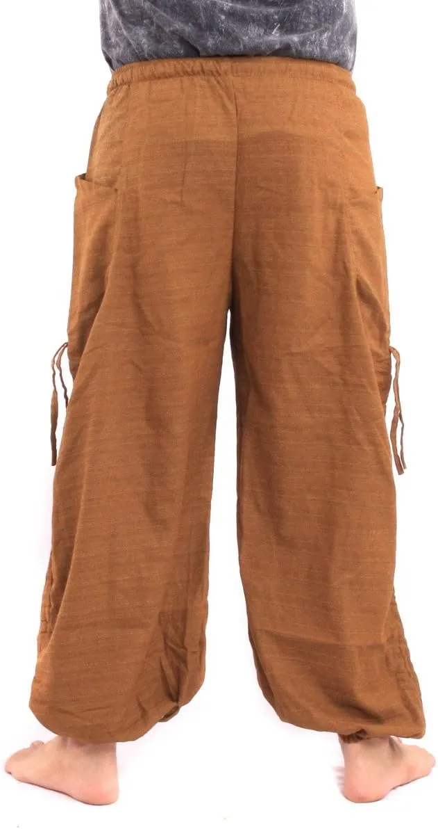 Harem Pants for Men & Women, Cotton Baggy Trousers, Adjustable Length, Drawstring Waist, 2 Pockets, One Size
