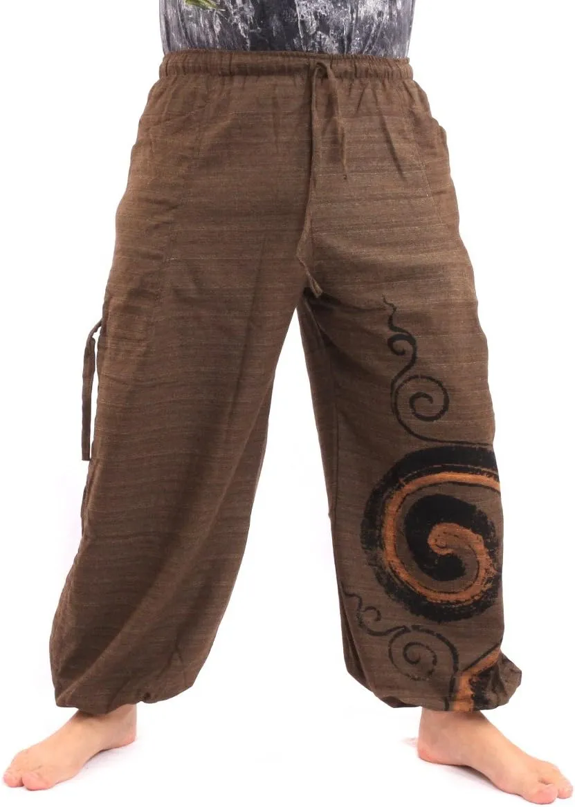 Harem Pants for Men & Women, Cotton Baggy Trousers, Adjustable Length, Drawstring Waist, 2 Pockets, One Size