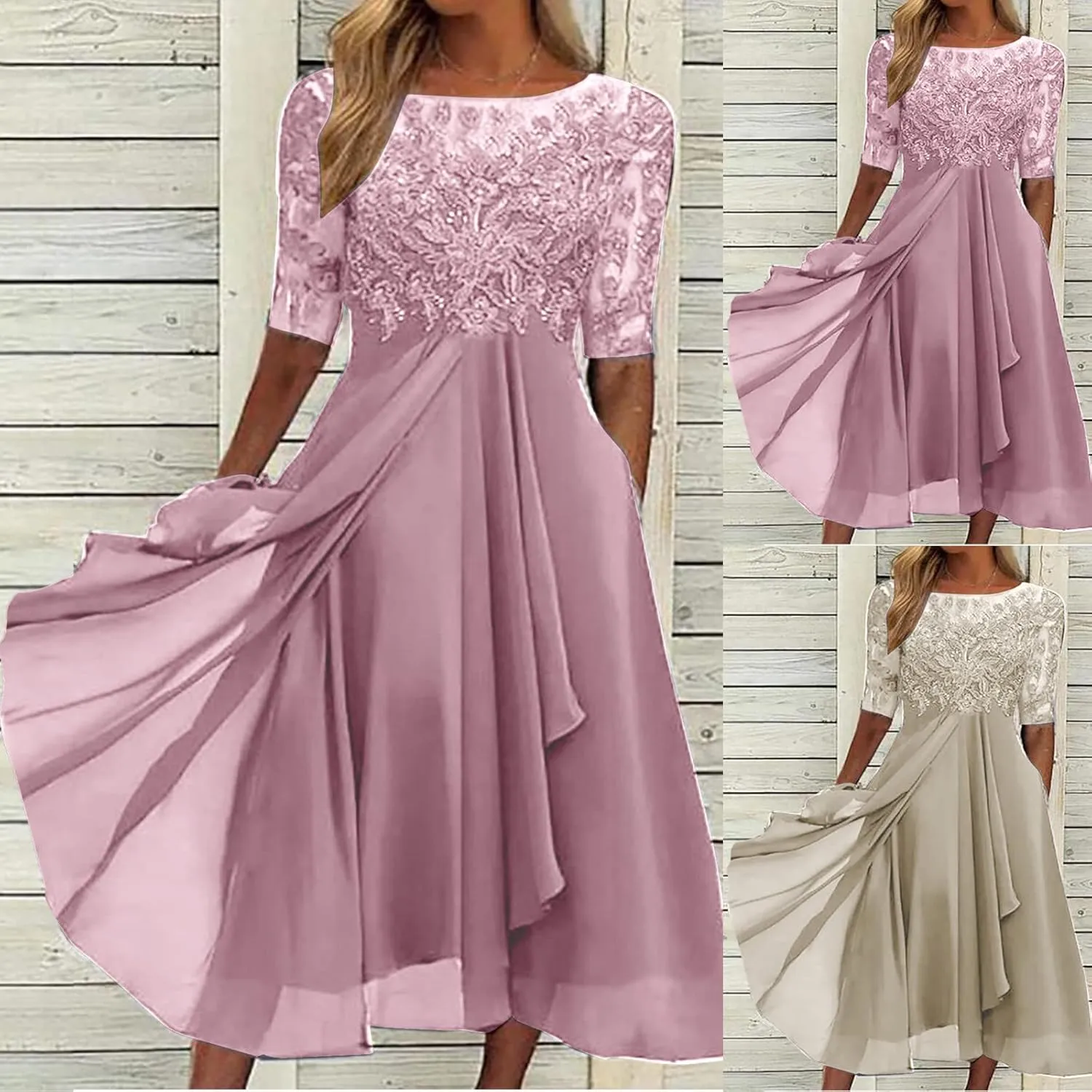 HGps8w Mother of The Groom Dresses for Wedding Half Sleeves Lace Appliques High Low Chiffon Scoop Neck Formal Evening Dress
