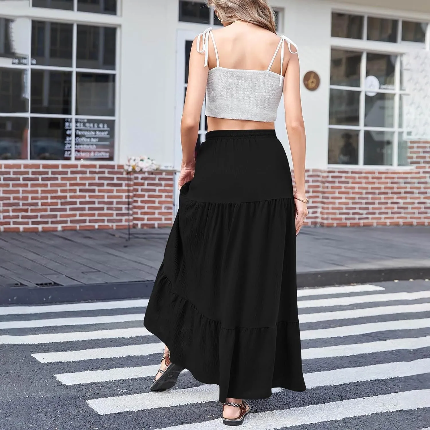 HGps8w Women's 2025 Summer Boho Linen Slit Flowy Maxi Skirt, Trendy Elastic Waist A Line Tiered Beach Long Skirts