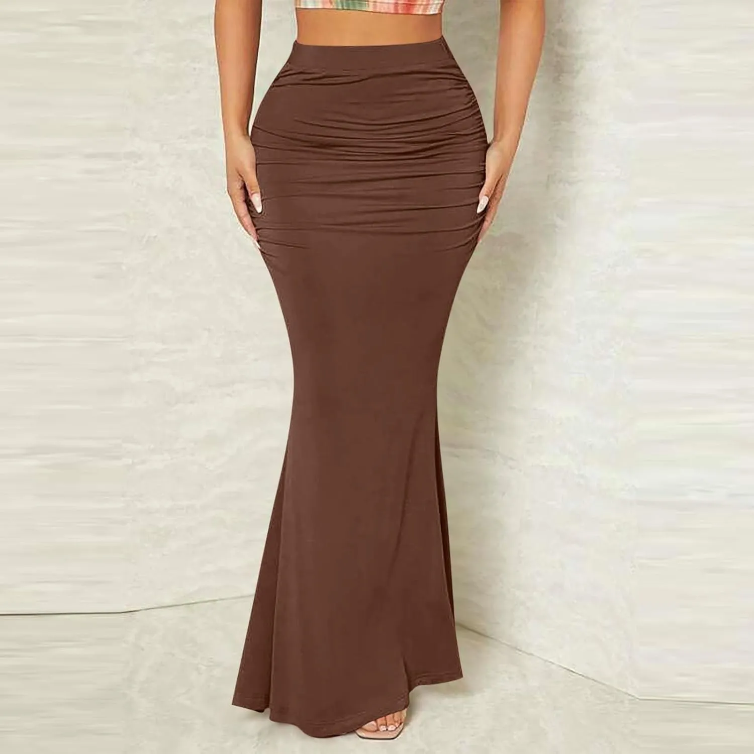 HGps8w Women's Fitted Mermaid Skirt 2025 Summer Sexy Ruched High Waisted Maxi Long Bodycon Going Out Club Skirts