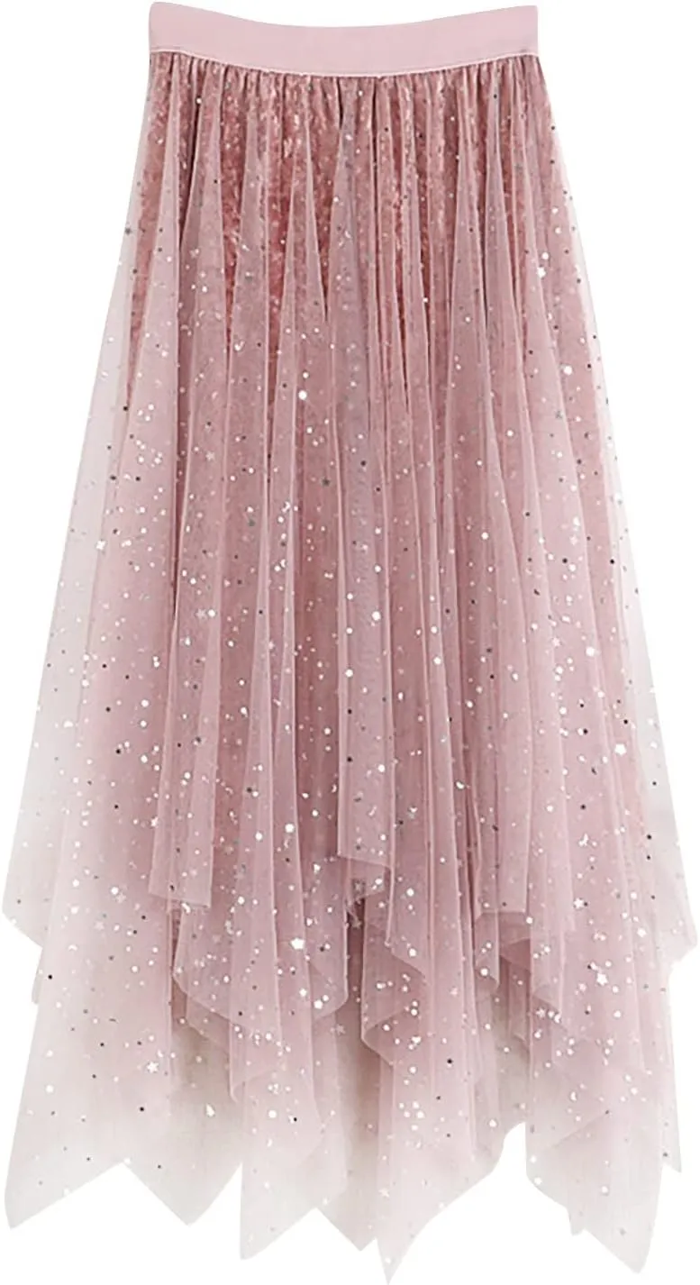 High Low Tulle Skirt Women Mesh Layered Pleated Fairy Dress Asymmetrical A-Line Midi Skirt Plus Size Y2K Witch Skirt