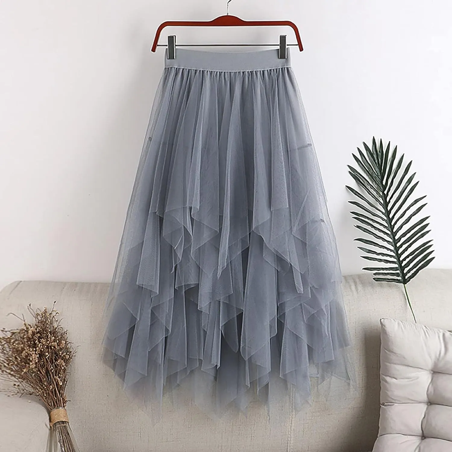 High Low Tulle Skirt Women Mesh Layered Pleated Fairy Dress Asymmetrical A-Line Midi Skirt Plus Size Y2K Witch Skirt