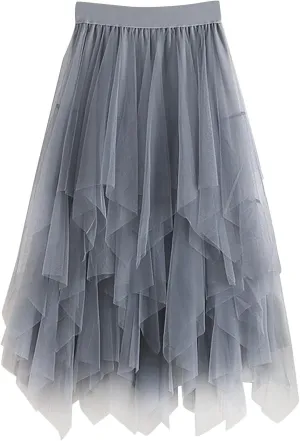 High Low Tulle Skirt Women Mesh Layered Pleated Fairy Dress Asymmetrical A-Line Midi Skirt Plus Size Y2K Witch Skirt