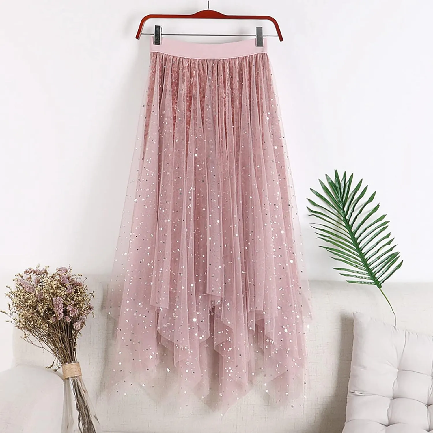 High Low Tulle Skirt Women Mesh Layered Pleated Fairy Dress Asymmetrical A-Line Midi Skirt Plus Size Y2K Witch Skirt