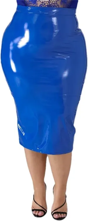 High Waist Faux Latex Skirts for Women PU Leather Midi Skirts Back Zip Stretchy Bodycon Skirt
